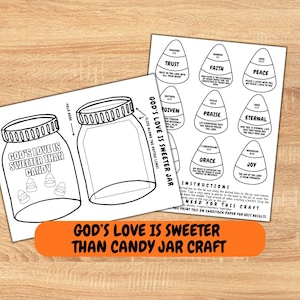 Puede incluir: Hojas de manualidades imprimibles en blanco y negro con el texto "God's Love is Sweeter Than Candy Jar Craft". Las hojas incluyen contornos de tarros y formas de maíz dulce con palabras como "Confianza" y "Fe".