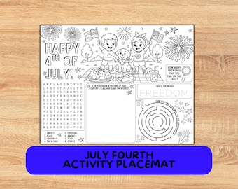 May include: A black and white printable activity placemat for the Fourth of July featuring a word search, a maze, a drawing box, and a trace the word section. The top shows two children and a dog holding American flags with fireworks overhead.