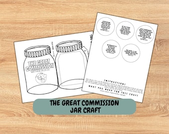May include: A craft kit with instructions and materials for a "Great Commission Jar Craft." The kit includes two jar outlines, circular cutouts with Bible verses, and instructions. The text "The Great Commission Jar Craft" is displayed on a teal banner.