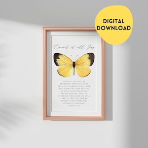 Zähle es alle Freude Schmetterling Schrift Poster, James 1: 2-4 Wandkunst, Wandposter, christliche Wandkunst, Bibel Vers druckbar,