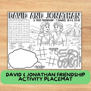 David och Jonatan Aktivitetsmatta om sann vänskap | Bibelberättelseunderlägg | 1 Samuelsboken 18–20 | Utskrivbar söndagsskola | Vänskapslektion för barn