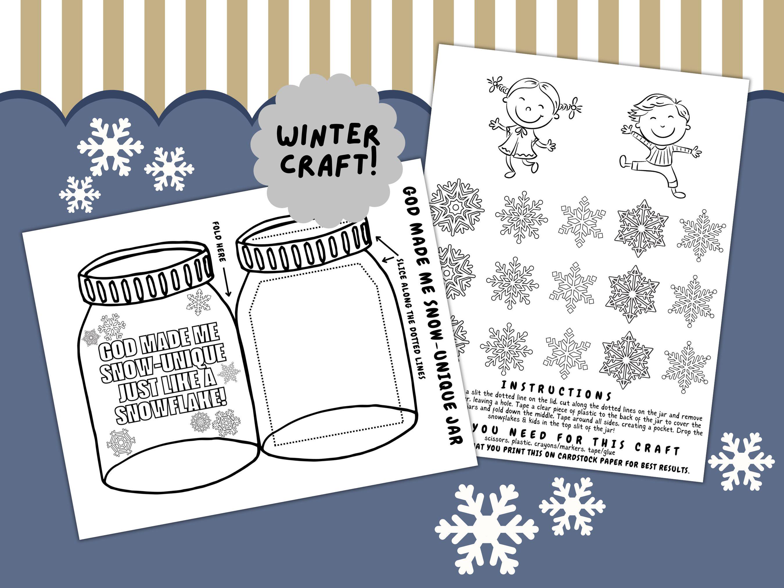 Winter Snowflake Jar Craft, Sunday School Craft, God Made me Snow-Unique, Mason Jar Paper Activity, Coloring Pages Activity for Kids