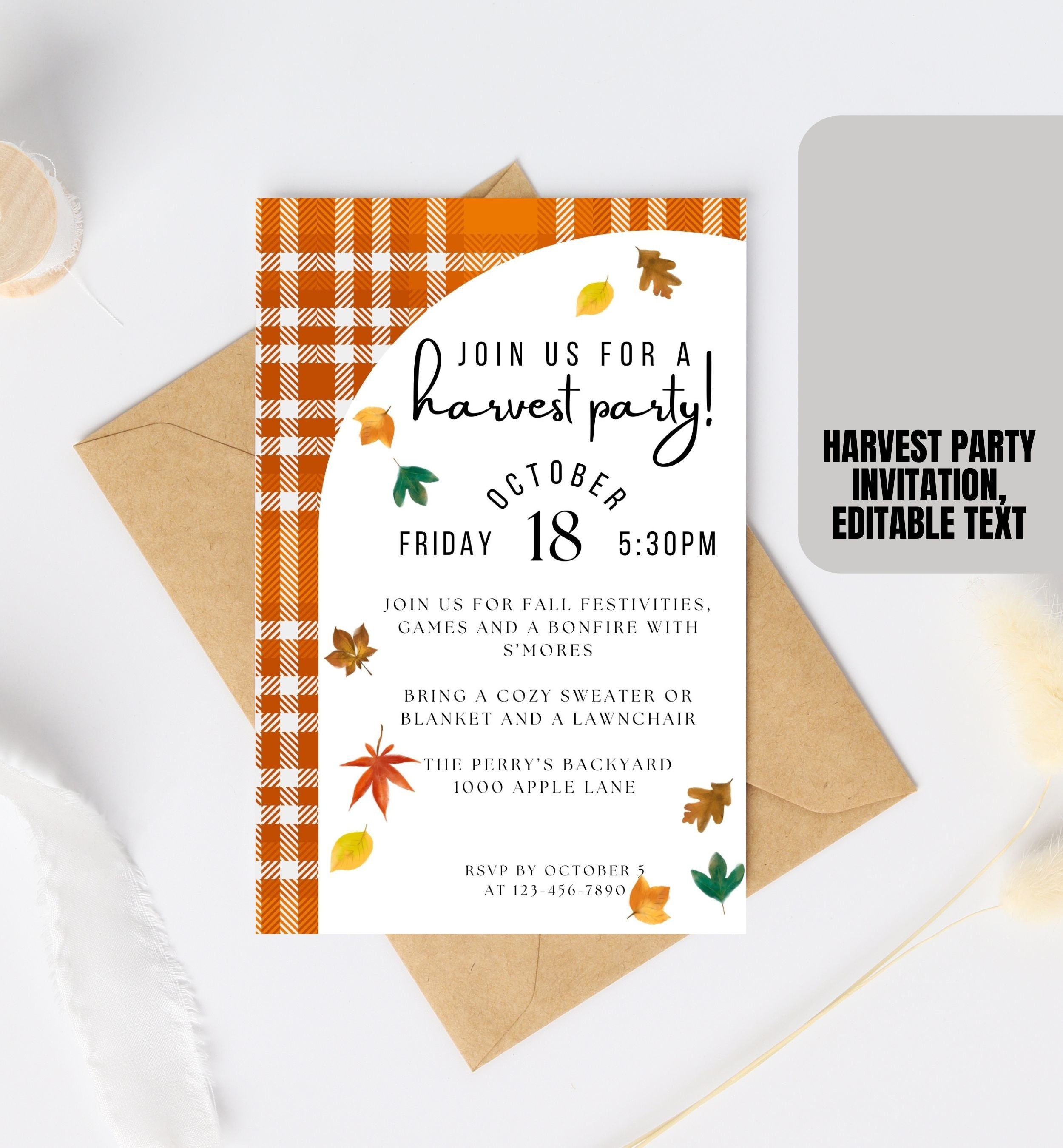Editable Fall Harvest Party Invitation Template | Autumn Bonfire Invite ...