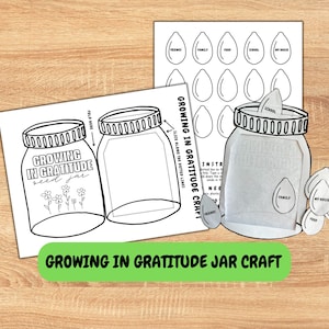 Manualidad imprimible para niños con frasco de semillas y flores "Creciendo en gratitud", manualidad para la escuela dominical, actividad para la iglesia infantil.