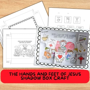 May include: A craft kit with printed pages for a shadow box project. The main sheet features a colorful illustration with the text "How Can I Be The Hands and Feet of Jesus?" and related images. The title "The Hands and Feet of Jesus Shadow Box Craft" is on a red banner.