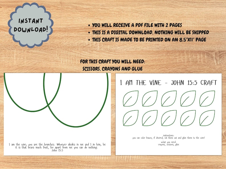 I Am the Vine You Are the Branches Printable Kid's Craft, John 15:5 Bible Story Craft, Sunday School Activity, Christian Kid's Craft image 2