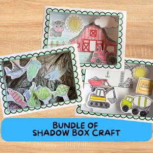 May include: A collection of three shadow box crafts. One features a barn, tractor, cow, and sun. Another depicts fish and aquatic plants. The third shows construction vehicles and a road sign. The text "BUNDLE OF SHADOW BOX CRAFT" is on a blue banner.