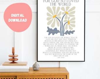 For God So Loved The World, John 3:16-18, Printable Bible Verse Wall Art, Printable Wall Art, Bible Verse, Scripture Poster