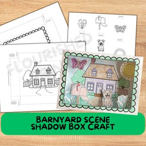 Może przedstawiać: Zestaw rzemieślniczy z projektem shadow box z motywem sceny na farmie. Zestaw zawiera wydrukowane szablony domu, psa, motyla i innych elementów. Gotowe shadow box jest kolorowe, z domem, skrzynką pocztową i psem.