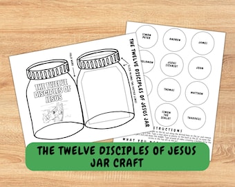Puede incluir: Un proyecto de manualidades en blanco y negro con dos contornos de tarros con el texto "Los Doce Discípulos de Jesús". Incluye una hoja de círculos con nombres de discípulos e instrucciones. La pancarta verde dice "The Twelve Disciples of Jesus Jar Craft."
