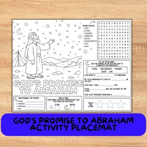 May include: A black and white activity placemat titled God's Promise to Abraham. It features a line drawing of a person standing under a starry sky, a word search, fill-in-the-blank sentences, an unscramble word section, and a star tracing area.