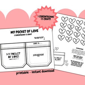 Pocket of Love Afdrukbaar liefdeshoofdstuk ambacht, 1 Korintiërs 13, liefdeshoofdstuk ambacht, zondagsschool, liefde is geduldig, thuisonderwijs, kleuterschool