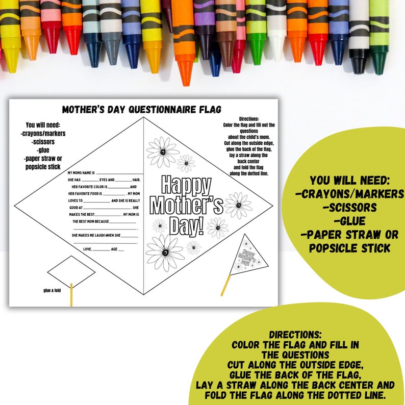 Mother's Day Printable Flag Questionnaire Easy Craft Instant Digital Download PDF Coloring Craft ...