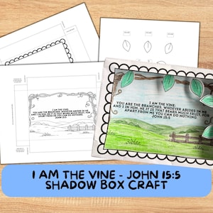 May include: A shadow box craft kit with printed instructions and cut-out elements. The finished artwork features a landscape scene with the text "I AM THE VINE - JOHN 15:5". Includes leaf cutouts and a blue banner with text.