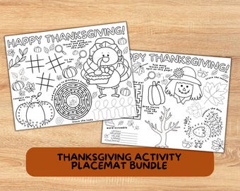 Puede incluir: Paquete de manteles individuales de actividades de Acción de Gracias con dos páginas en blanco y negro. Una página presenta un pavo con un pastel, un laberinto y tic-tac-toe. La otra página tiene un espantapájaros, un árbol y hojas para trazar.