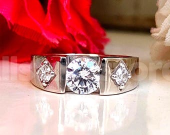 Moissanite Three Stone Wedding Ring, 925 Sterling Silver, White Gold Finish