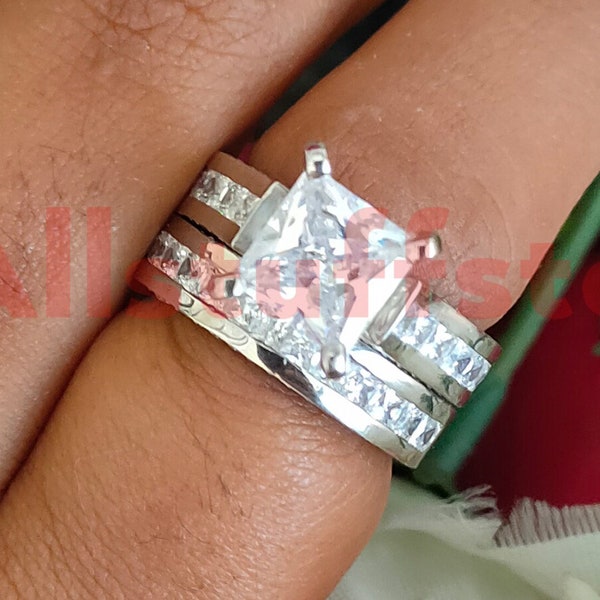 3.2 Ct Princess Cut White Moissanite Wedding Ring Set 14K White Gold Finish, 925 Sterling Silver, Princess Cut Bridal Set Engagement Ring