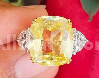 3.50 Ct Cushion Cut Yellow Sapphire Three Stone Wedding Engagement Ring, 925 Sterling Silver Ring With Two Tone Gold Finish, Gift Ring