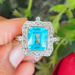 Vintage 3.50 Carat Emerald Cut Blue Aquamarine Sapphire, Halo Engagement Wedding Ring, 925 Sterling Silver, White Gold Finish, Gift for Her image 2