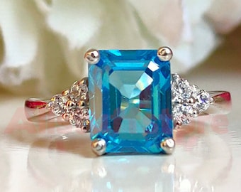 2.60 Ct Emerald Cut Blue Sapphire, Solitaire Wedding Engagement Ring, 925 Sterling Silver, White Gold Finish, Anniversary Ring, Promise Ring