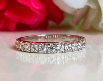 White Sapphire Half Eternity Band, Sterling Silver Wedding Ring