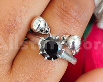 Gothic Skull Weddig Engagement Ring Set, 1.20Ct Round Cut Black Sapphire, 925 Sterling Silver with 14k White Gold Finish, Best Birthday Gift