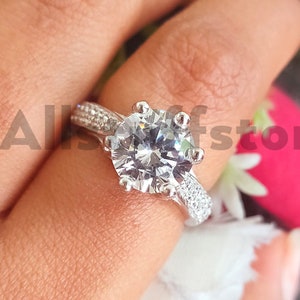 2.50 Ct White Round Brilliant Cut Moissanite, Solitaire With Accent Wedding Ring, Tapered Solitaire Engagement Ring, 14k White Gold Finish