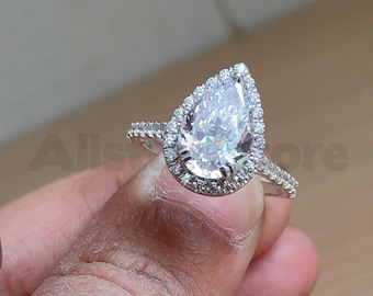 2.35 Ct Beautiful Pear Cut Ring, Wedding Engagement Ring, White Sapphire Ring, Halo Ring, 925 Sterling Silver, White Gold Finish, Size I-T