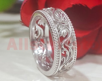 Filigree Band Ring, Vintage Style Wedding Band, Antique Floral Ring, Wide Silver Band, Eternity Filigree Band, Unisex Sterling Silver Band