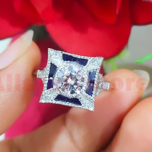 2.10 Ct Round Cut White & Blue Sapphire, Art Deco Engagement Wedding Ring, 925 Sterling Silver, Vintage Ring, White Gold Over, Cluster Ring