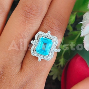 Vintage 3.50 Carat Emerald Cut Blue Aquamarine Sapphire, Halo Engagement Wedding Ring, 925 Sterling Silver, White Gold Finish, Gift for Her image 3