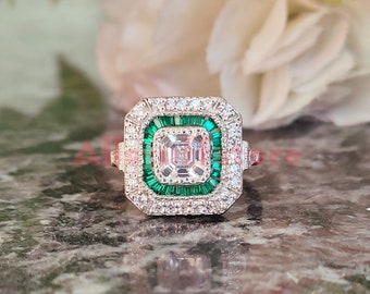 Vintage Art Deco Ring, 2.10 Ct Asscher Cut Green & White Sapphire, Double Halo Wedding Engagement Ring, Cocktail Ring, 925 Sterling Silver
