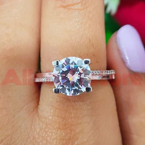 2.10 Ct Round Brilliant Cut White Moissanite, Solitaire With Accent Wedding Engagement Ring, Solitaire Promise Ring, 14k White Gold Finish