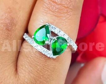 2.30 CT Pear Cut Green Diamond, Two Stone Engagement Ring, 14k White Gold Finish