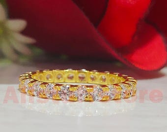 1.00 CT Round Cut White Moissanite, 14K Yellow Gold Finish, Full Eternity Wedding Band