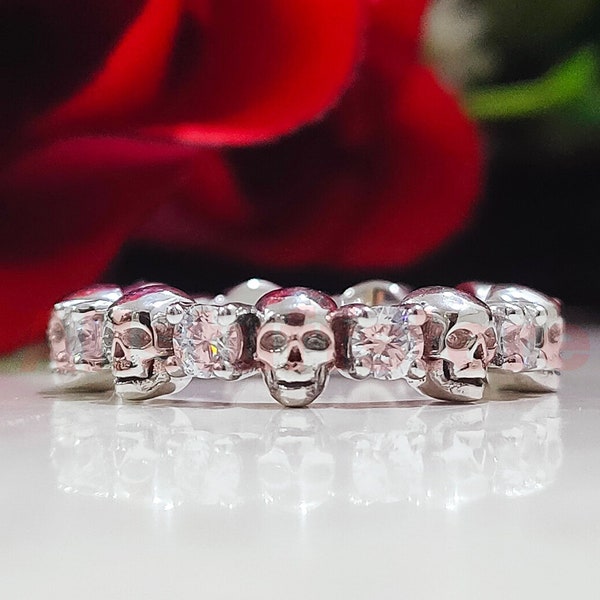 Gothic Skull Band Ring, 2 Carat Round Cut White Sapphire, Halloween Gift, Wedding Anniversary Band, White Gold Finish, 925 Sterling Silver