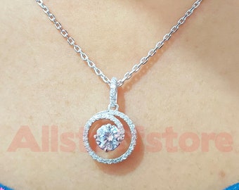 Swirl White Sapphire Pendant Necklace, Sterling Silver Halo, Wedding Jewelry