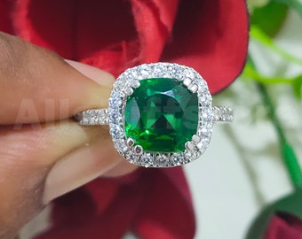 Halo Style Wedding Ring, 2.3Ct Cushion Cut Green Sapphire, 925 Sterling Silver, Double Prong Set, Engagement Promise Gift, White Gold Finish