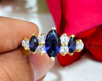 2.00 CT Marquise Cut Blue & White Diamond, Cluster Wedding Ring, 14k Yellow Gold Finish
