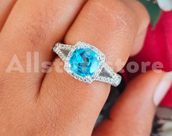 2.50Ct Cushion Cut Aquamarine Halo Wedding Engagement Ring, 925 Serling Silver 14K White Gold Finish, Split Shank Ring, Halo Engagement Ring