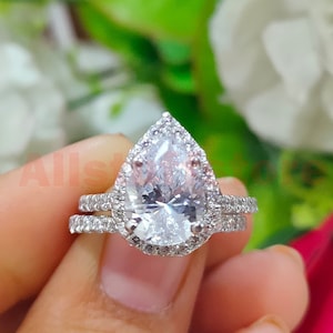 Halo Bridal Set, 3.10 Ct Pear Cut White Sapphire, Engagement Wedding Ring Set, 925 Sterling Silver, Anniversary Gift Ring, White Gold Finish