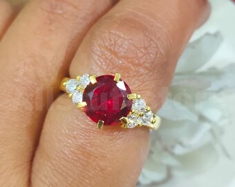 2.20 CT Round Cut Red Ruby Diamond, 14k Yellow Gold Finish, Solitaire Engagement Ring