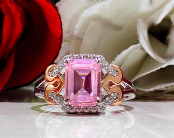 2.50 CT Emerald Cut Pink Diamond, Art Deco  Engagement Ring, 14K Two Tone Gold Finish