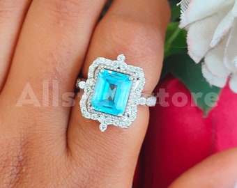 Vintage 3.50 Carat Emerald Cut Blue Aquamarine Sapphire, Halo Engagement Wedding Ring, 925 Sterling Silver, White Gold Finish, Gift for Her