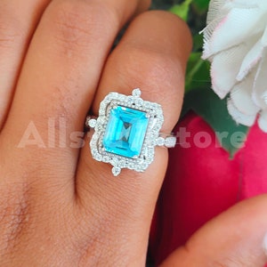 Vintage 3.50 Carat Emerald Cut Blue Aquamarine Sapphire, Halo Engagement Wedding Ring, 925 Sterling Silver, White Gold Finish, Gift for Her image 1