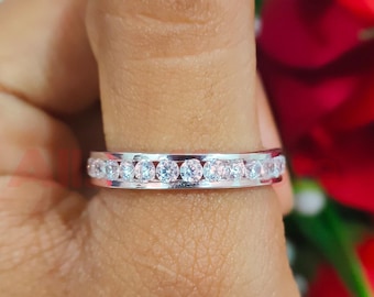 White Sapphire Eternity Wedding Band, Sterling Silver, White Gold Finish