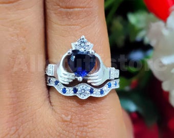 2.20 CT Heart Blue Diamond, Claddagh Bridal Set Wedding Ring, 14K White Gold Finish