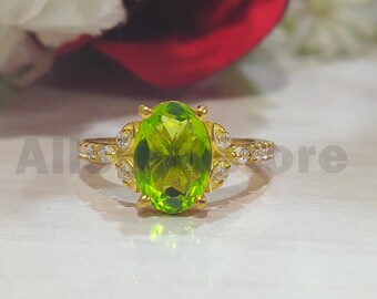 2.50 Ct Oval Cut Green Peridot Engagment Ring, 925 Sterling Silver 14K Yellow Gold Finish Ring, Solitaire With Accent Ring, Anniversary Ring