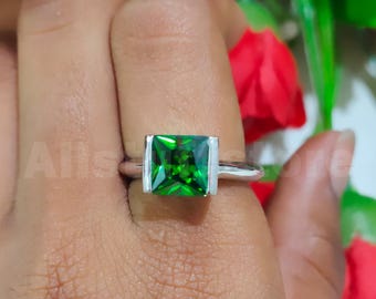 14k White Gold Finish, 2 CT Princess Green Diamond, Solitaire Tension Set Engagement Ring