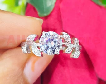 14K White Gold Finish, 2.20 CT Round Cut White Moissanite, Solitaire Leaf Wedding Ring